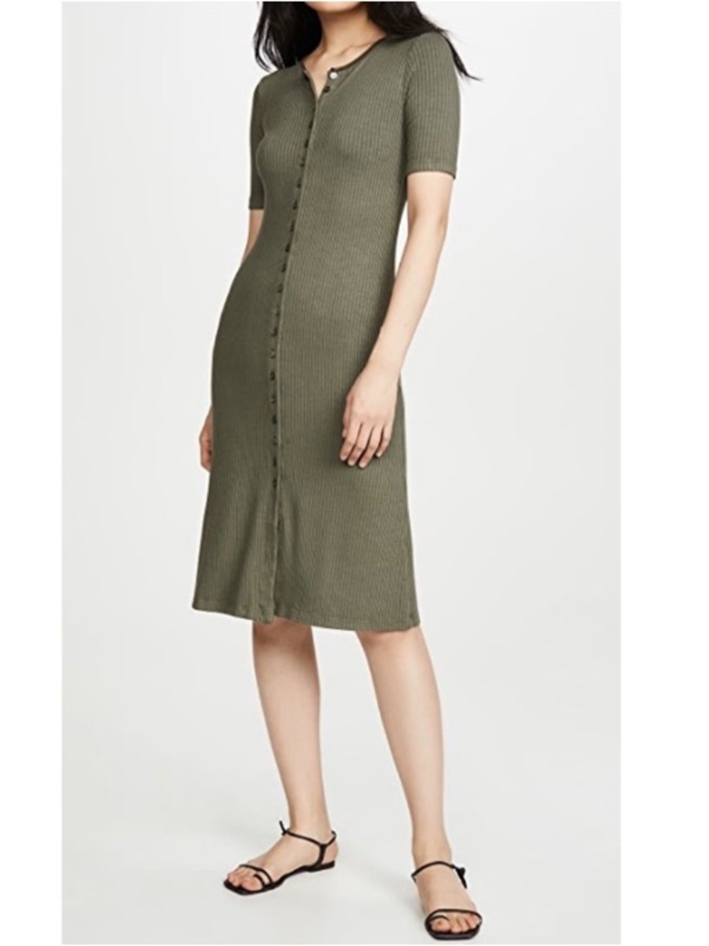 NWT Stateside Ribbed Knit Button-Up Midi Shirt Dress Minimalist Green Large